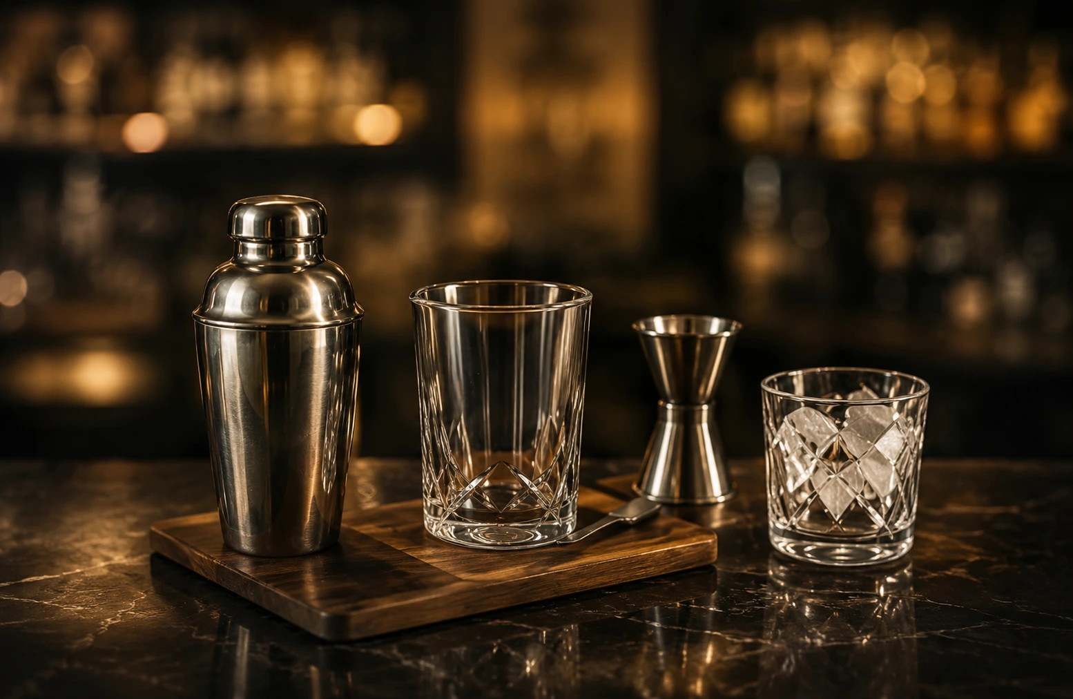 Outils de bar professionnels et shaker sur un comptoir sombre.