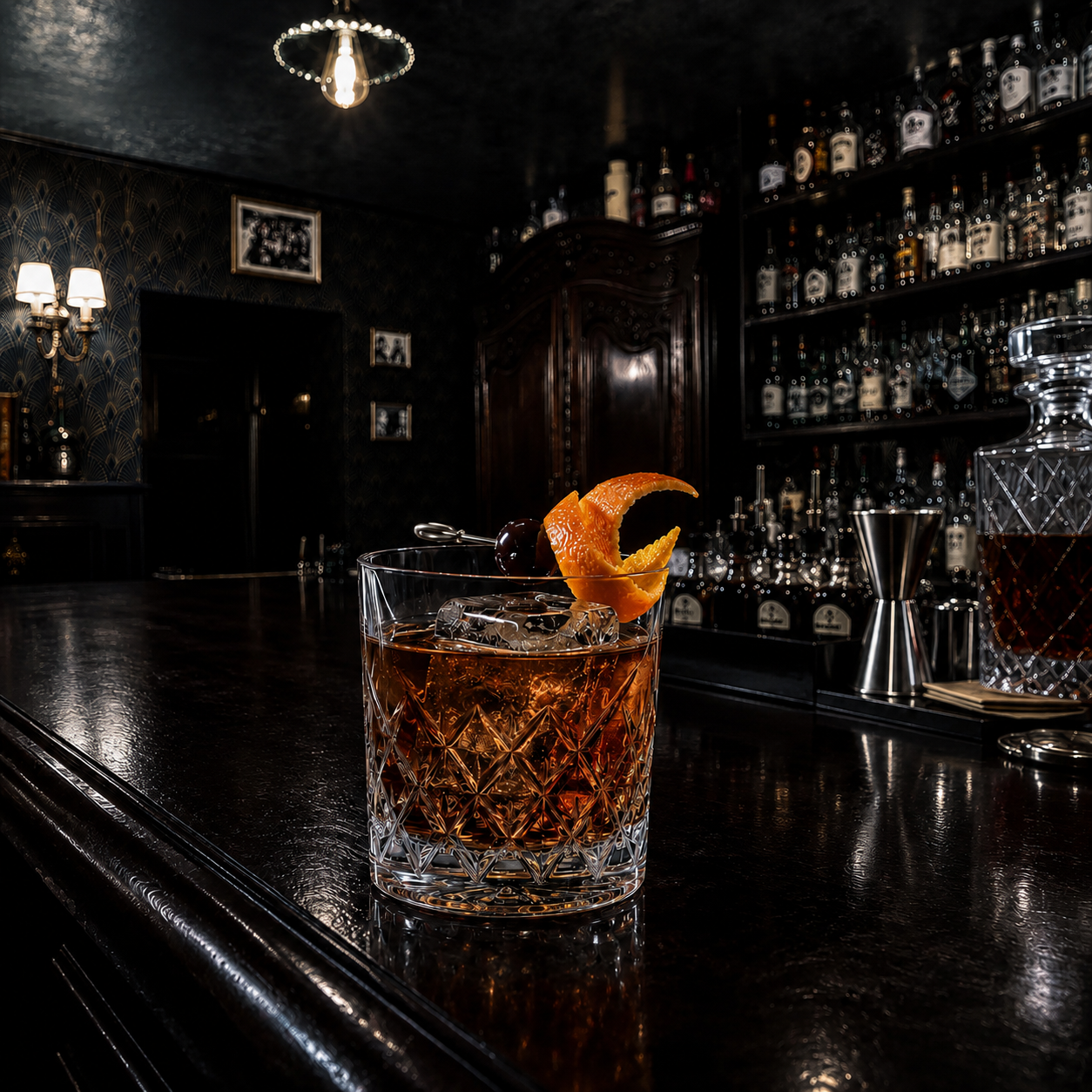 Old Fashionned servi dans un verre bas pour l’atelier Signature.