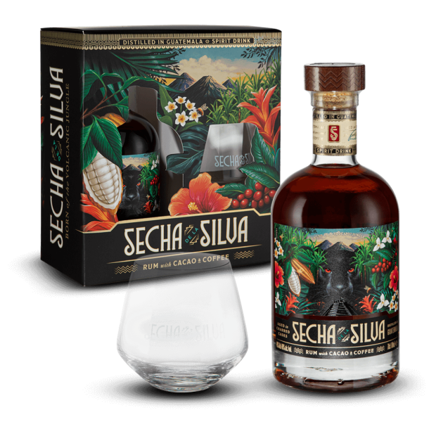 Coffret Rhum Ambré Sécha de la Silva 1 Verre - Bouteille de rhum guatémaltèque au cacao et son verre - La Maison du Barman