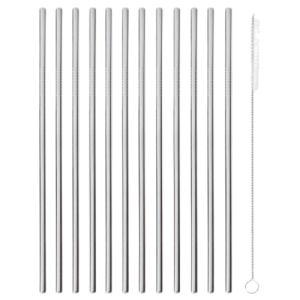 Silver Straight Straws Set 12 pcs + 1 Straw Brush