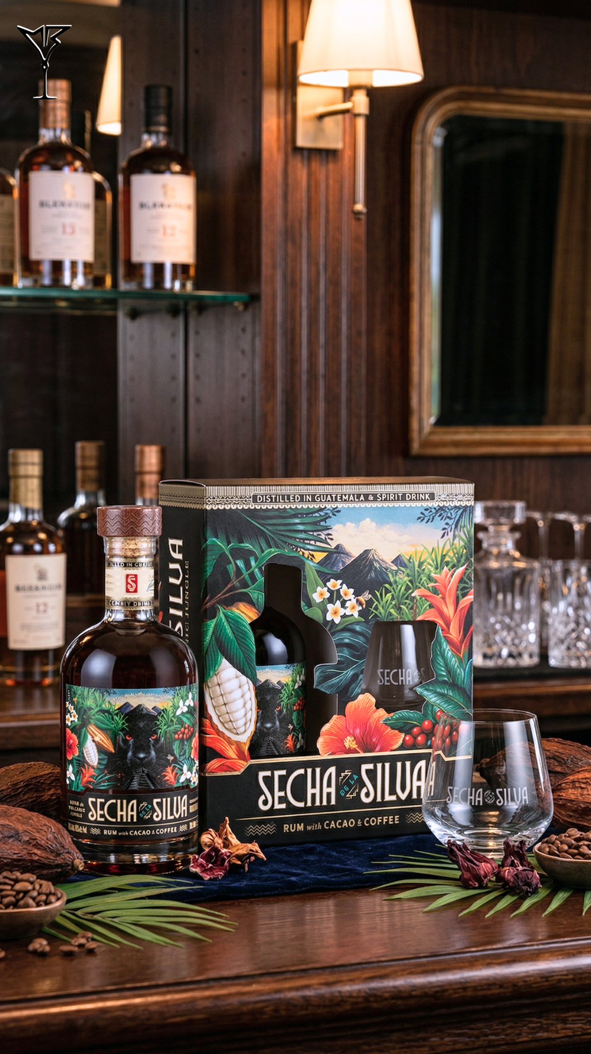 Coffret Rhum Ambré Sécha de la Silva 1 Verre - Bouteille de rhum guatémaltèque au cacao et son verre - La Maison du Barman