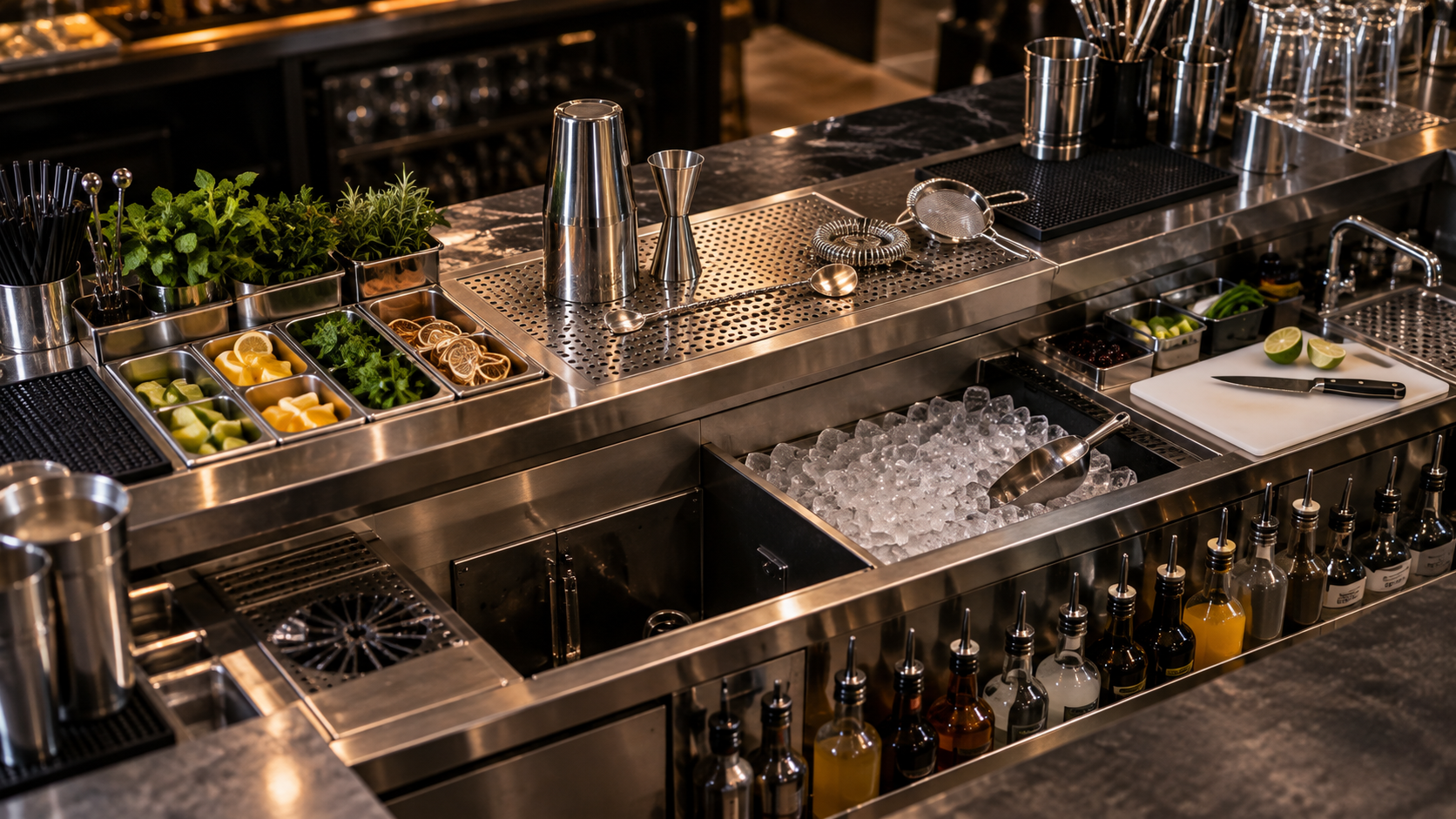 Poste de travail de bar professionnel organisé avec glace, outils et zone de préparation
