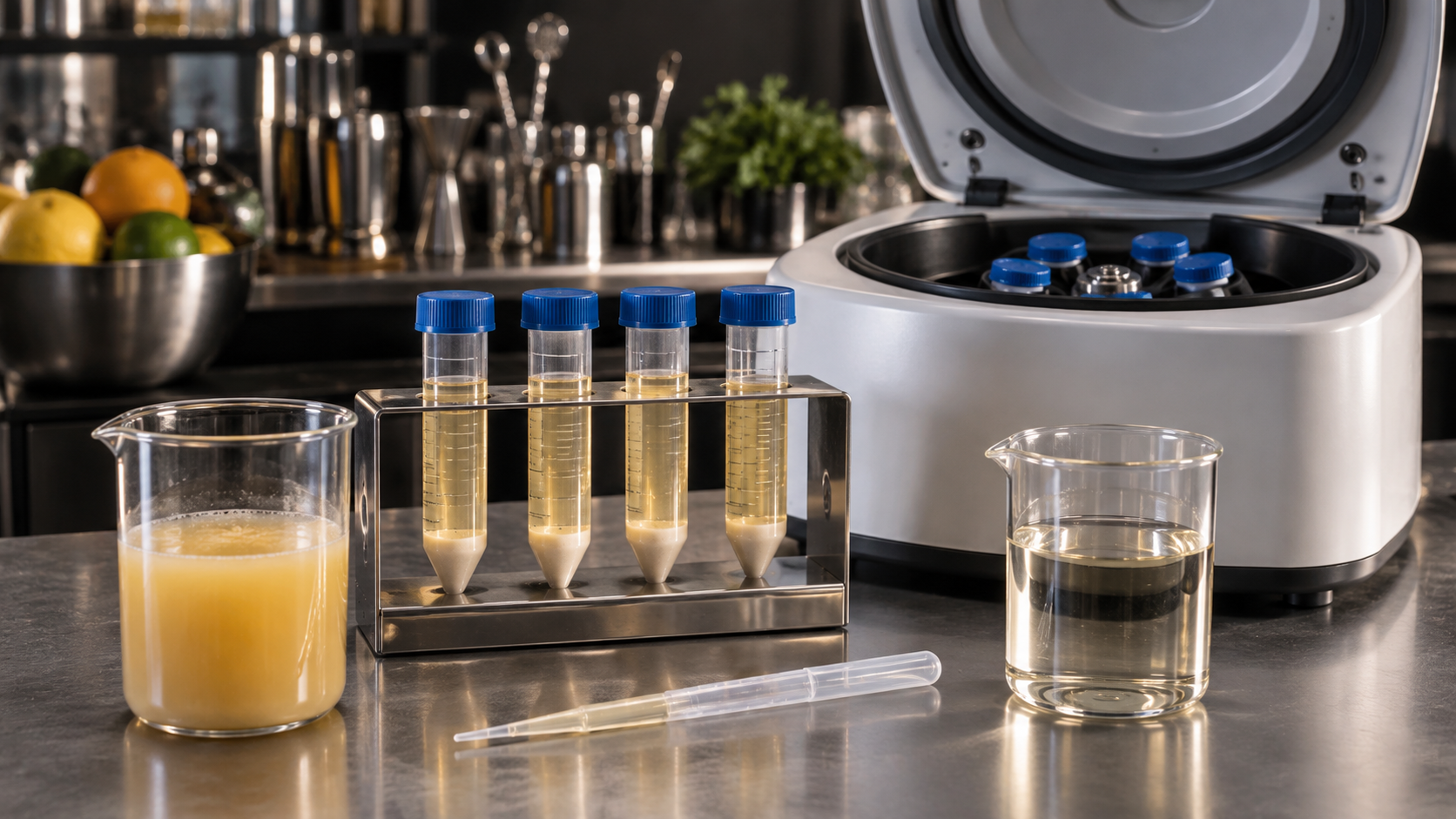 Jus clarifié dans des tubes de centrifugeuse avec séparation des particules
