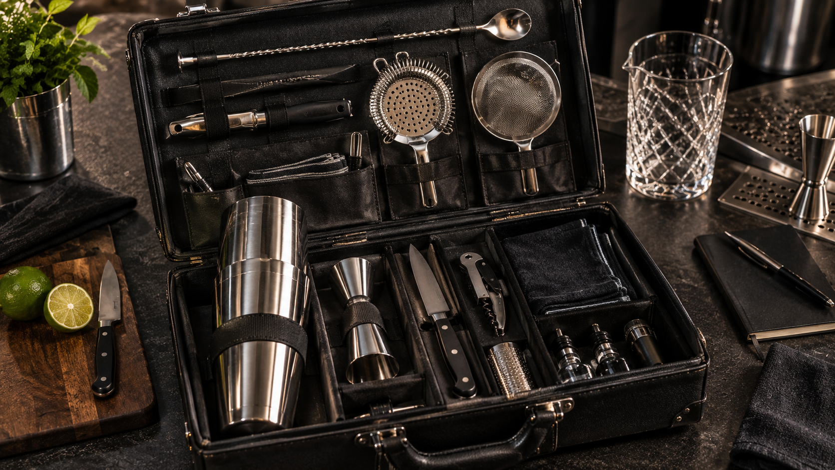 Mallette de bartender professionnel ouverte avec les outils de bar de Marco Caldone